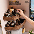 Walnut wood chinese style bathroom corner shelf - no drilling required - hand wash, toilet, and shower gel organizer