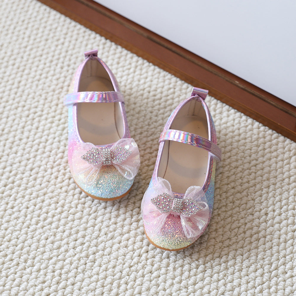 new gradient rainbow girls' princess shoes - rhinestone mesh bow soft sole flats with velcro closure