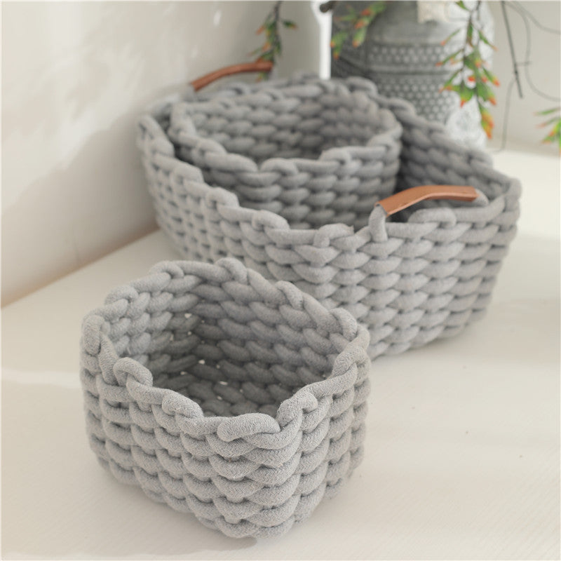 Leather handle twin sundries with handle cotton rope woven storage basket size cosmetics lipstick storage box eyeshadow