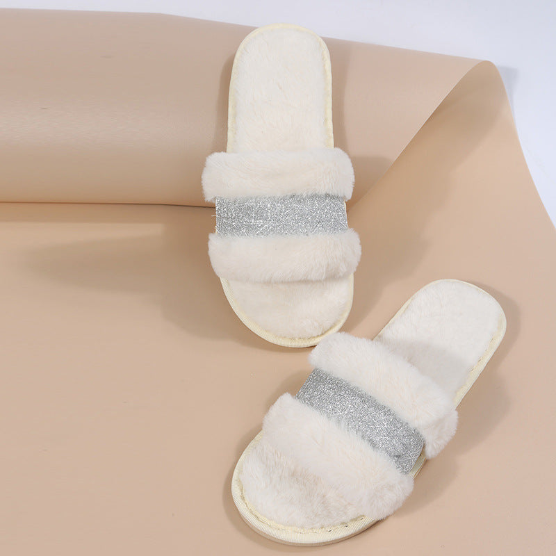 Export one-word fur slippers for girls 2024new arrivalfall and winterfashionflats slippers outwear open toe plus size cotton slippers trendy
