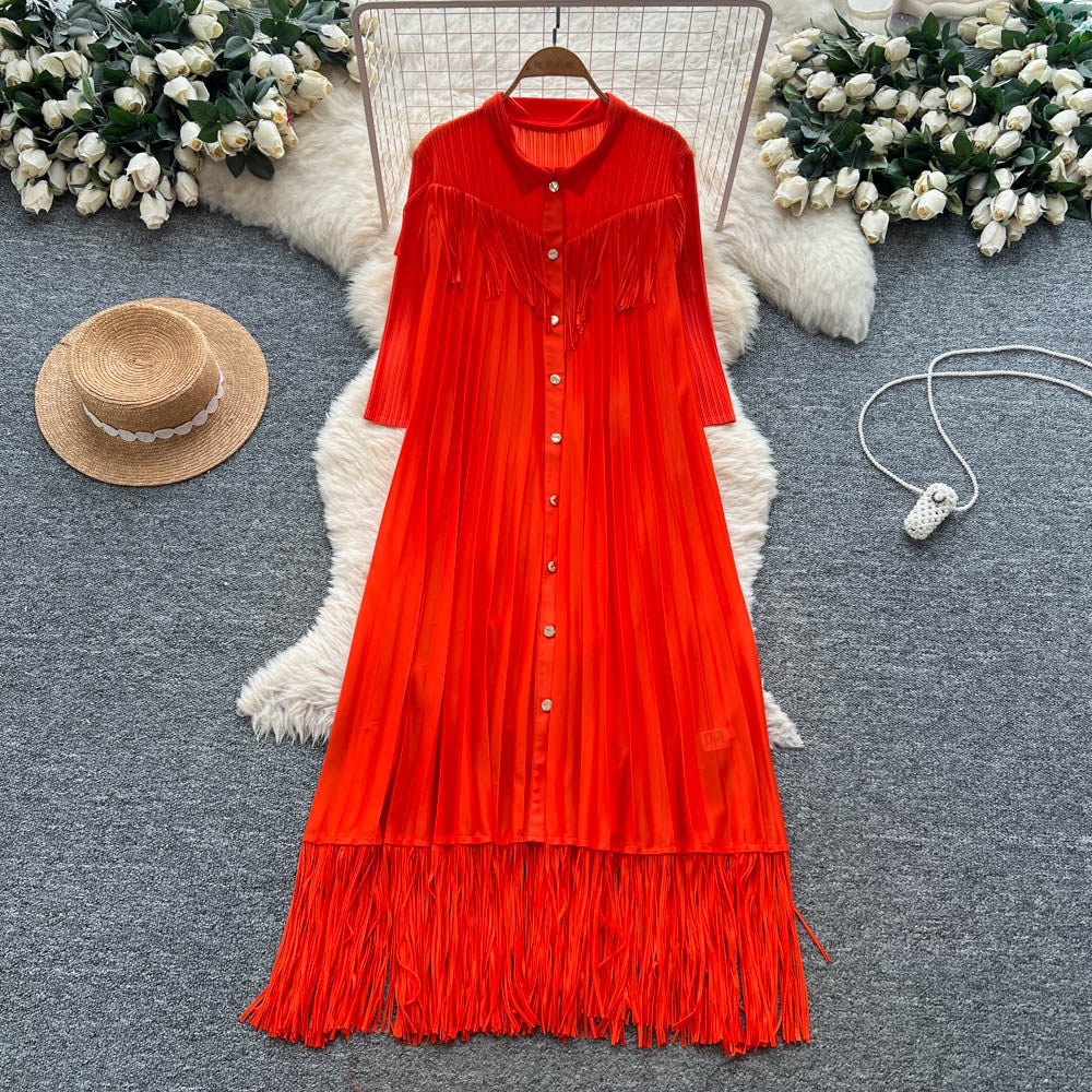 Elegant and chic tassel-trimmed loose-fit dress - women's commute-ready, high-end, slimming a-line long-sleeve shirt dress