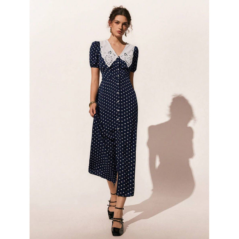 Amazon european style retro casual elegant polka dot pattern puff sleeve single-breasted elegant long dress