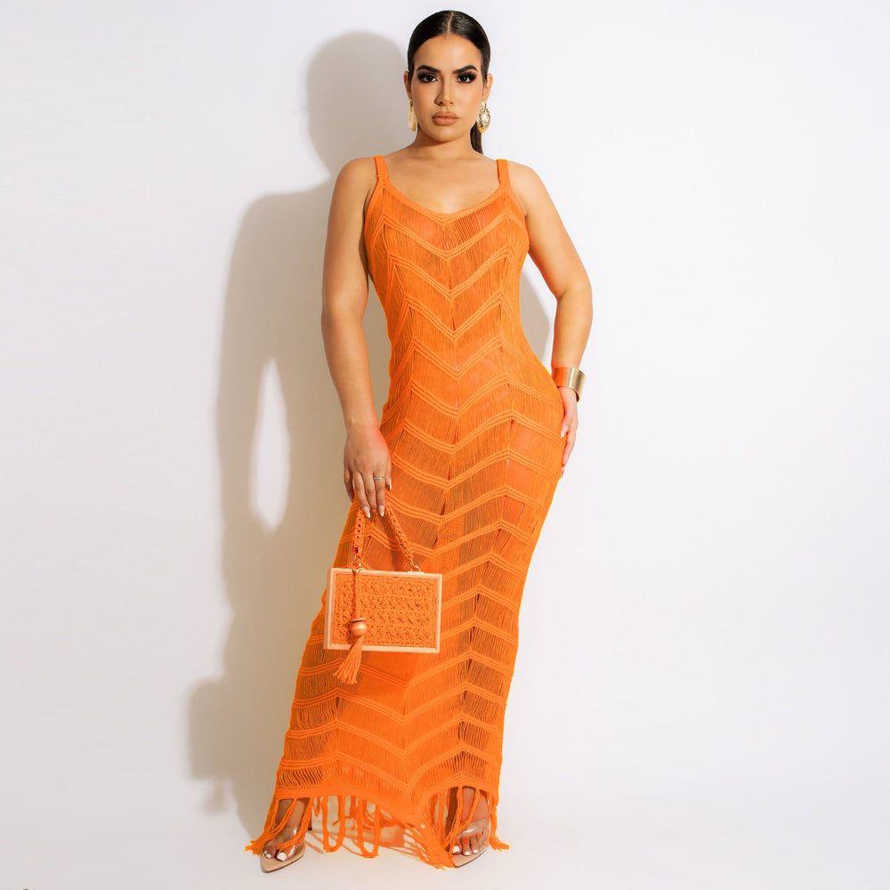 summer new women's long dress sexy knit cami tassel beach dress -  bestseller