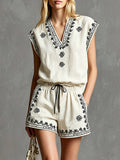 summer cross-border european & american style women's v-neck embroidered cotton linen sleeveless top + drawstring shorts two-piece set