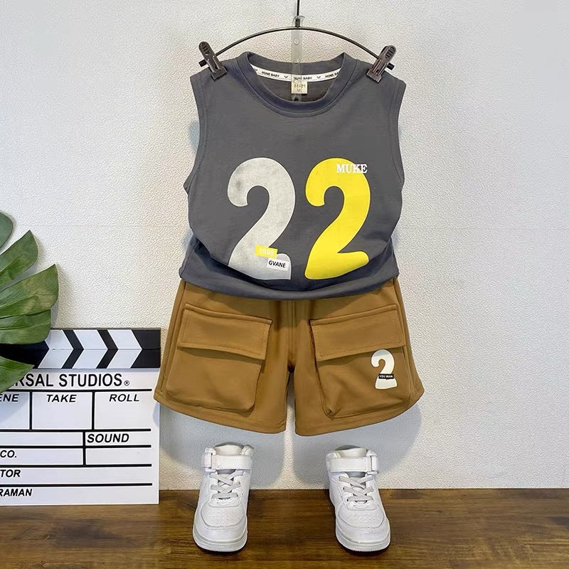 Boys'  cute cartoon print crew neck tank top and shorts trendy two-piece set - wholesale children's clothing