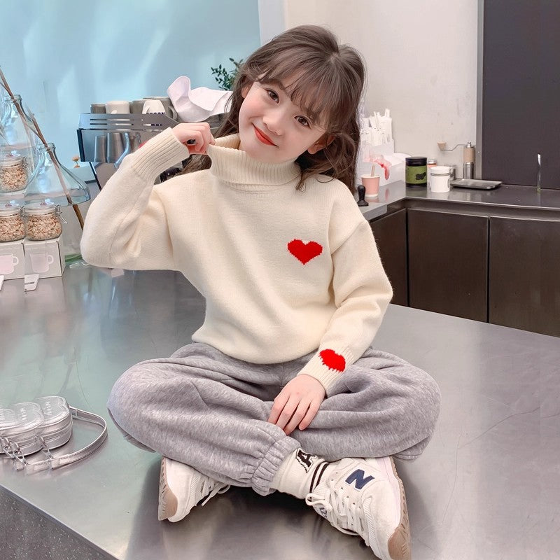 Girlsweater high collar fleece-lined winter kids heart woolentopsgirlwinterthickened bottomknitting shirt