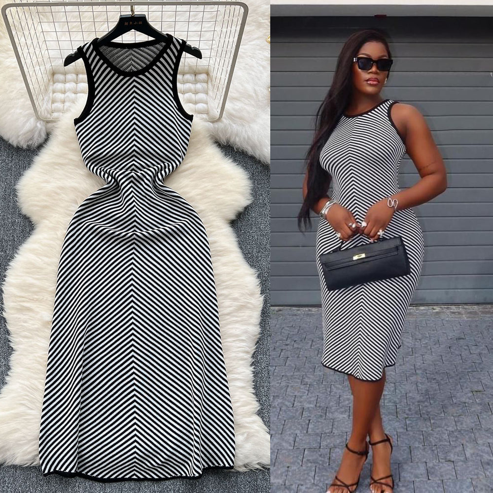 Designer color block striped knit dress - women's 2024 new summer korean style midi sleeveless tank dress