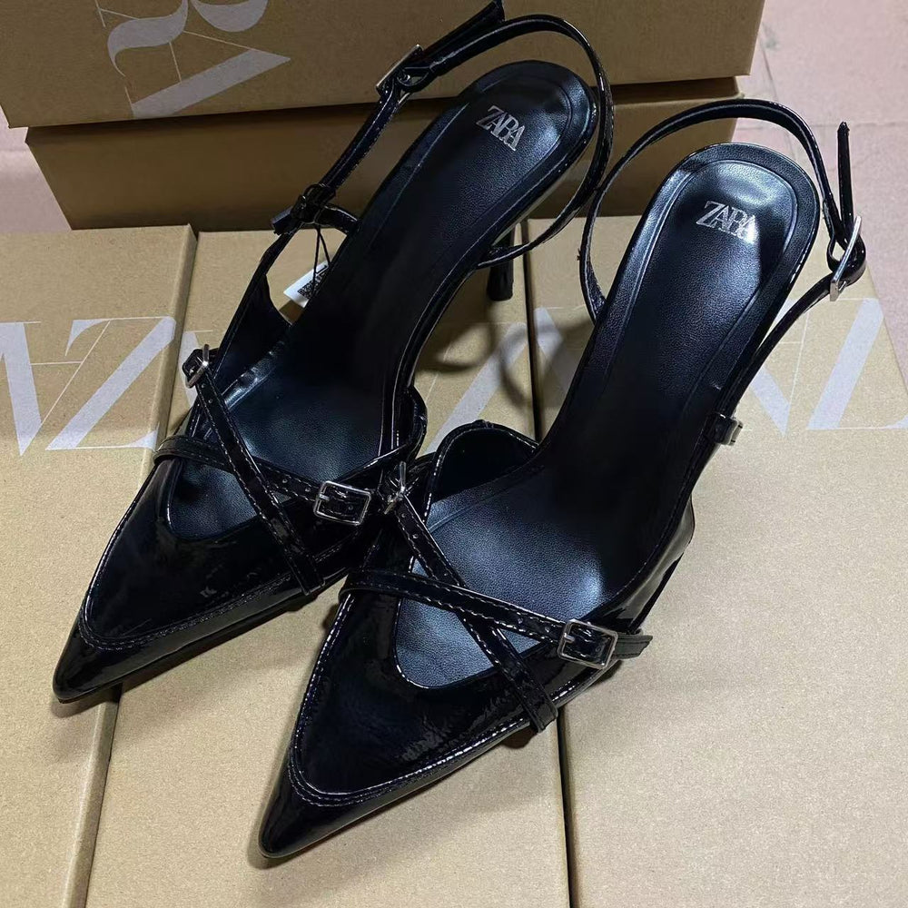 Za manufacturer 2024 summer export criss-cross buckle strap pointed toe high heel sandals british style mule women's shoes