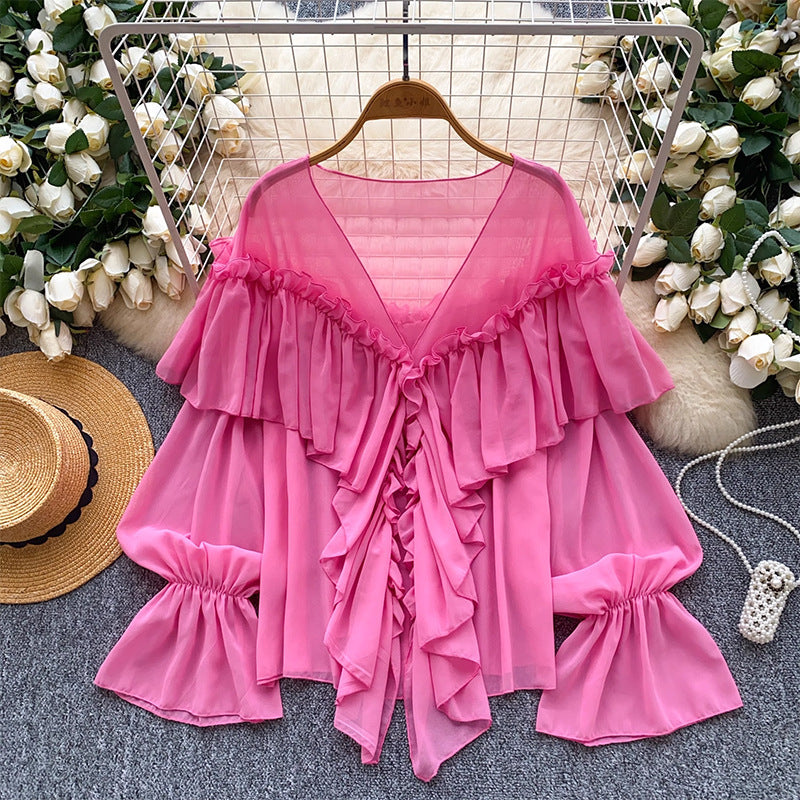 cross-border 2026 summer lazy style elegant socialite rufflespatchwork bell sleeve chiffon shirt loose shirt