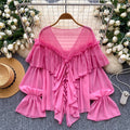 cross-border 2026 summer lazy style elegant socialite rufflespatchwork bell sleeve chiffon shirt loose shirt