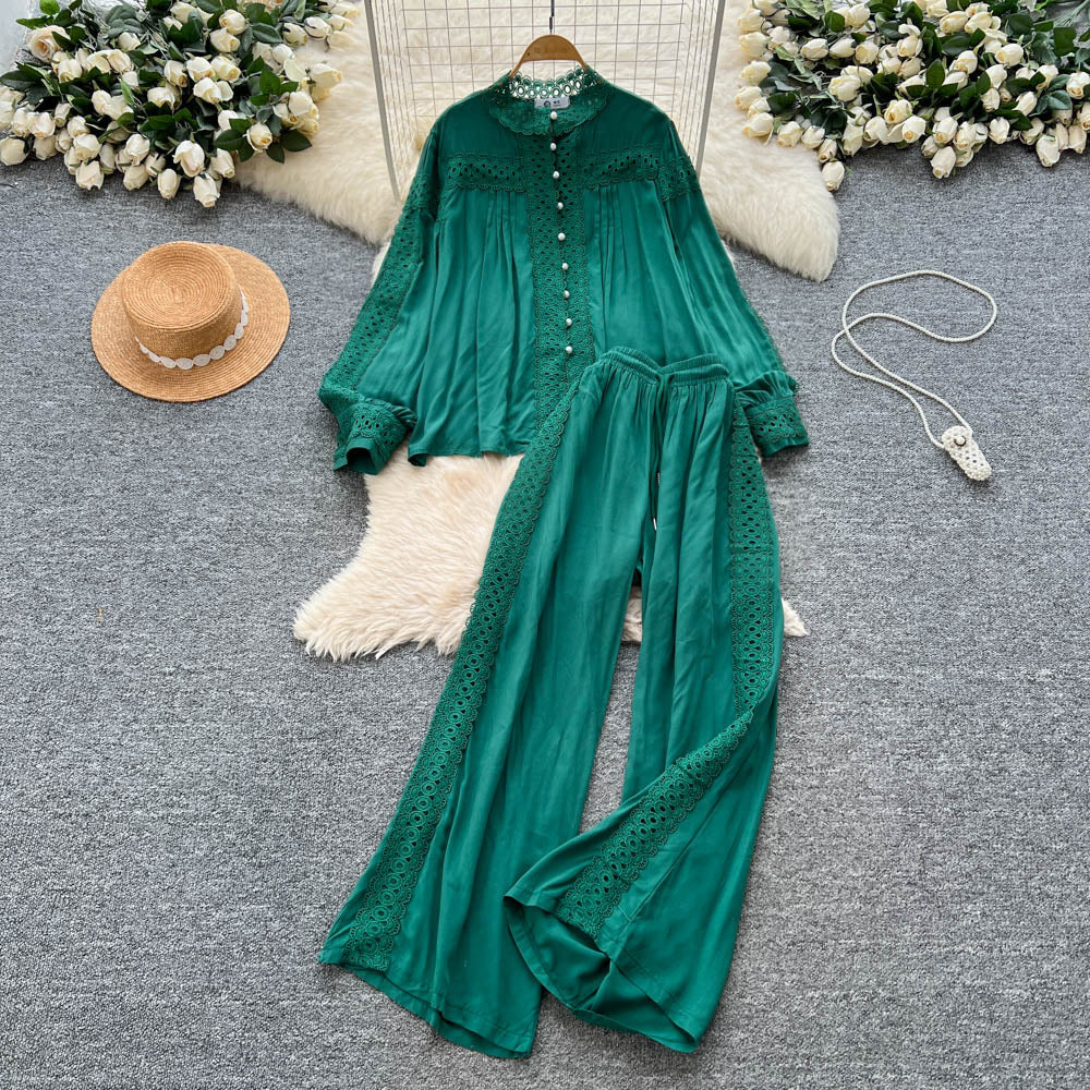 French court style chic lace patchwork pearl button lantern sleeve blouse and high-waisted wide leg casual pants set