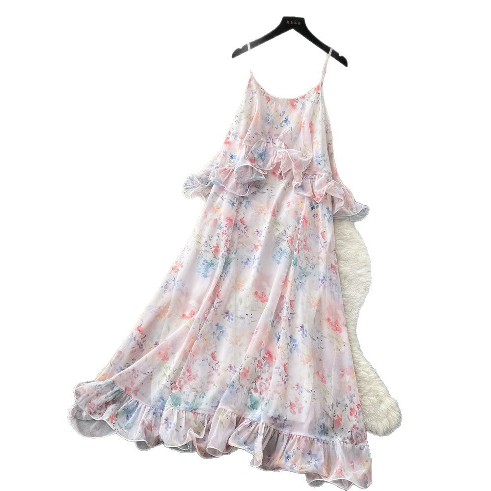 French riviera floral dress - women's summer sleeveless ruffle trim slimming maxi dress