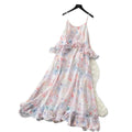 French riviera floral dress - women's summer sleeveless ruffle trim slimming maxi dress