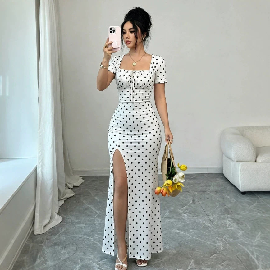 Women's summer  new arrival: bubble sleeve v-neck fitted waist slimming elegant mermaid maxi dress - french polka dot style