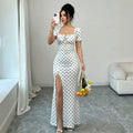 Women's summer  new arrival: bubble sleeve v-neck fitted waist slimming elegant mermaid maxi dress - french polka dot style