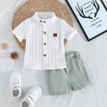 Children's clothingwhite vertical stripes short-sleeved shirt + khaki shorts two-piece set shirt
