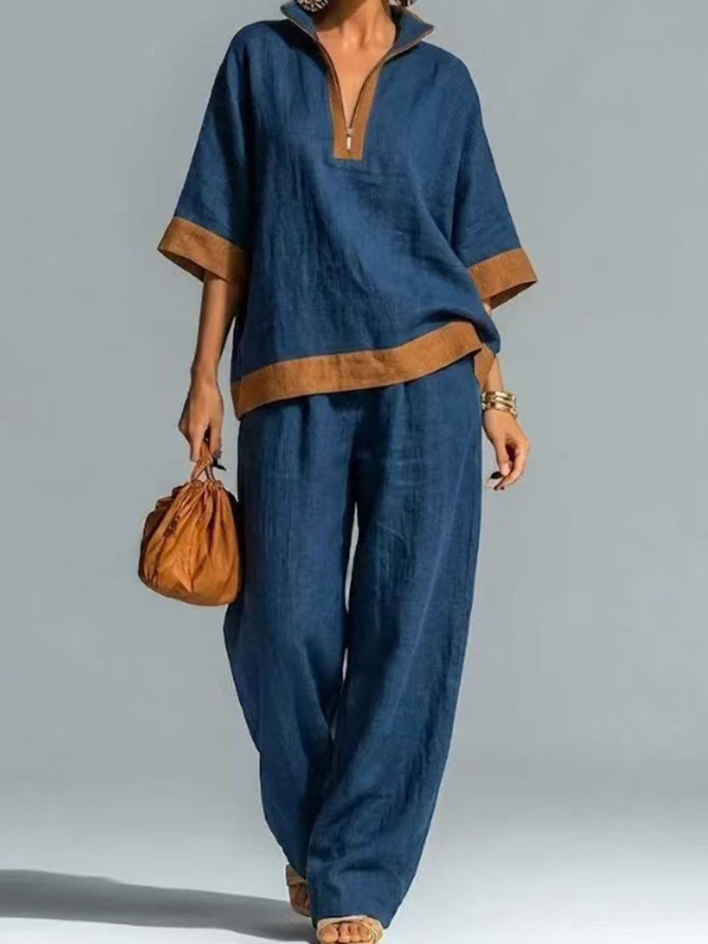 fashionsummernew arrivalcontrast color linen casualsuit half zip stand collar topsloose pants two pieces
