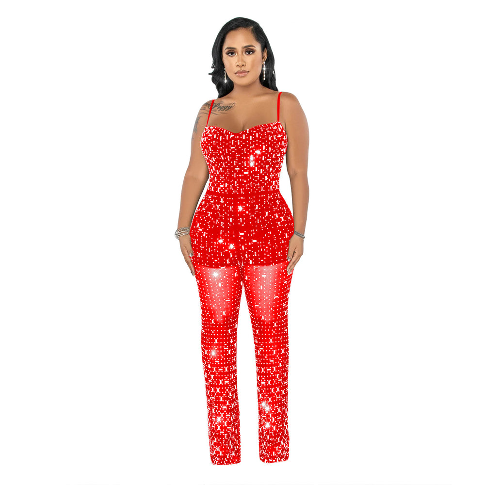 C6556 cross-border   fashion women's hot diamond mesh suspender sleeveless pants jumpsuit