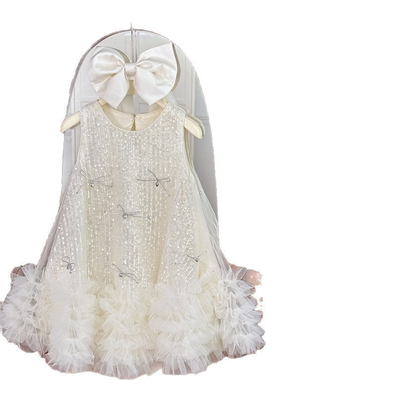 Girls'  summer sequin bow mesh dress, girls' princess dress, pink tutu gown, slip dress