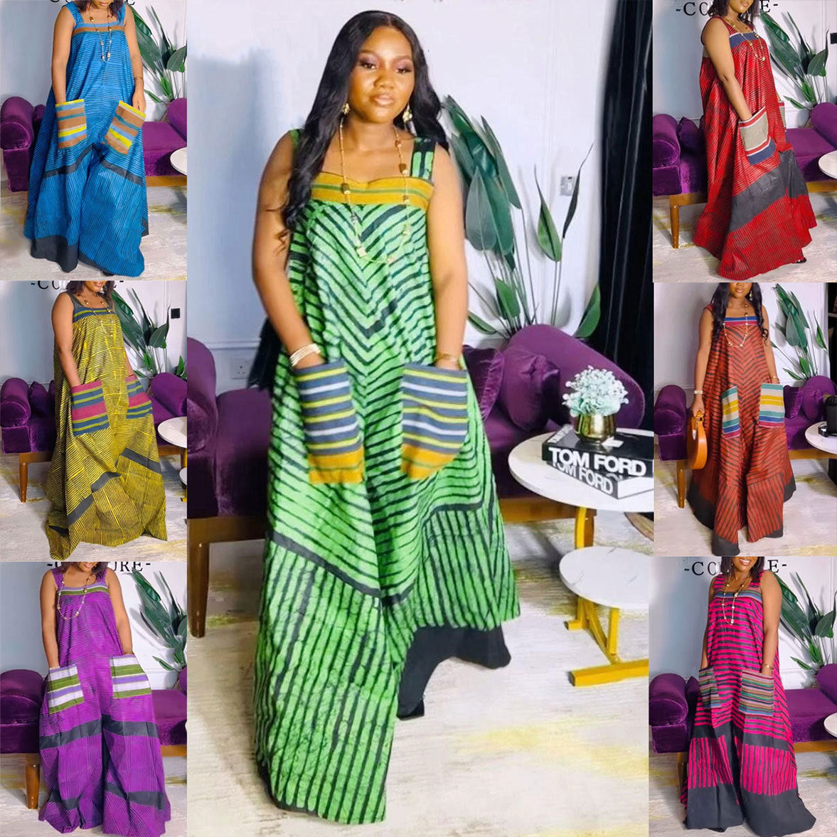 S10819 European and American sexy, printed contrasting colors oversized wide-leg suspender jumpsuit