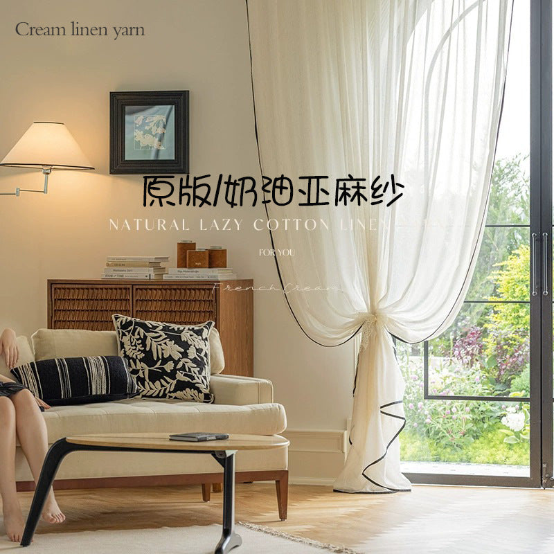 Original black edge cream linen gauze curtain decorative window gauze curtain gauze classy living room bedroom punch-free gauze