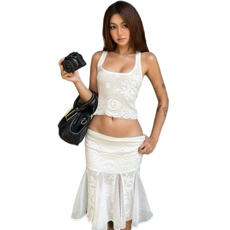 European and american style women's spring  new collection: sexy & spicy square neck crop top with versatile fishtail midi skirt set