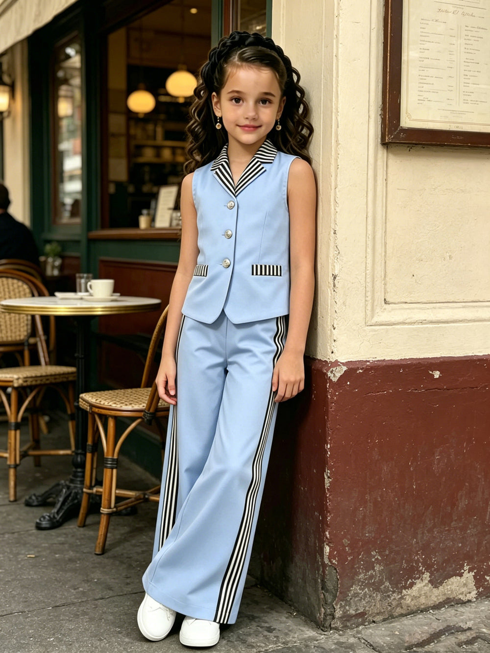 girl's suit lapel sleeveless vest side stripes wide-leg pants multi-color elegantkidstwo-piece set