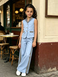 girl's suit lapel sleeveless vest side stripes wide-leg pants multi-color elegantkidstwo-piece set