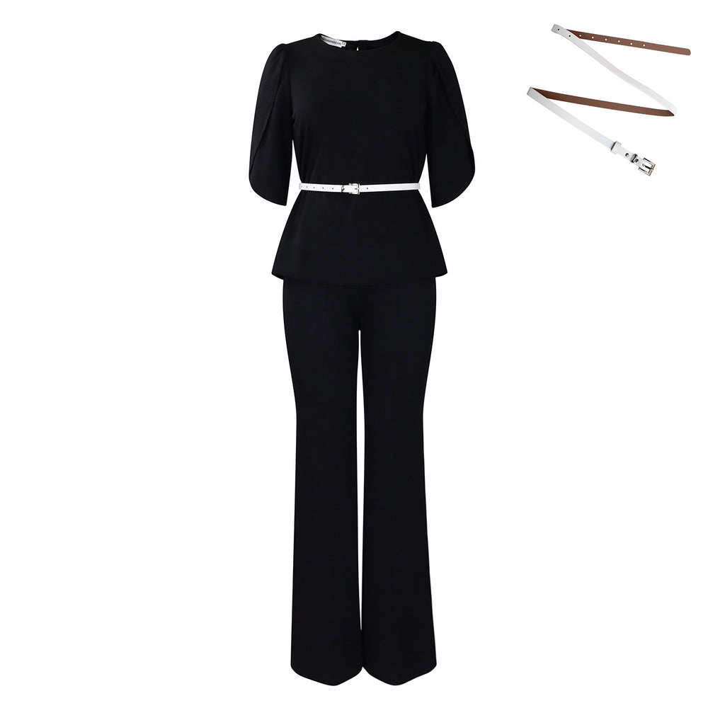 D558 women's foreign trade fashion set : elegant solid color top and wide-leg pants two-piece outfit - european and american style