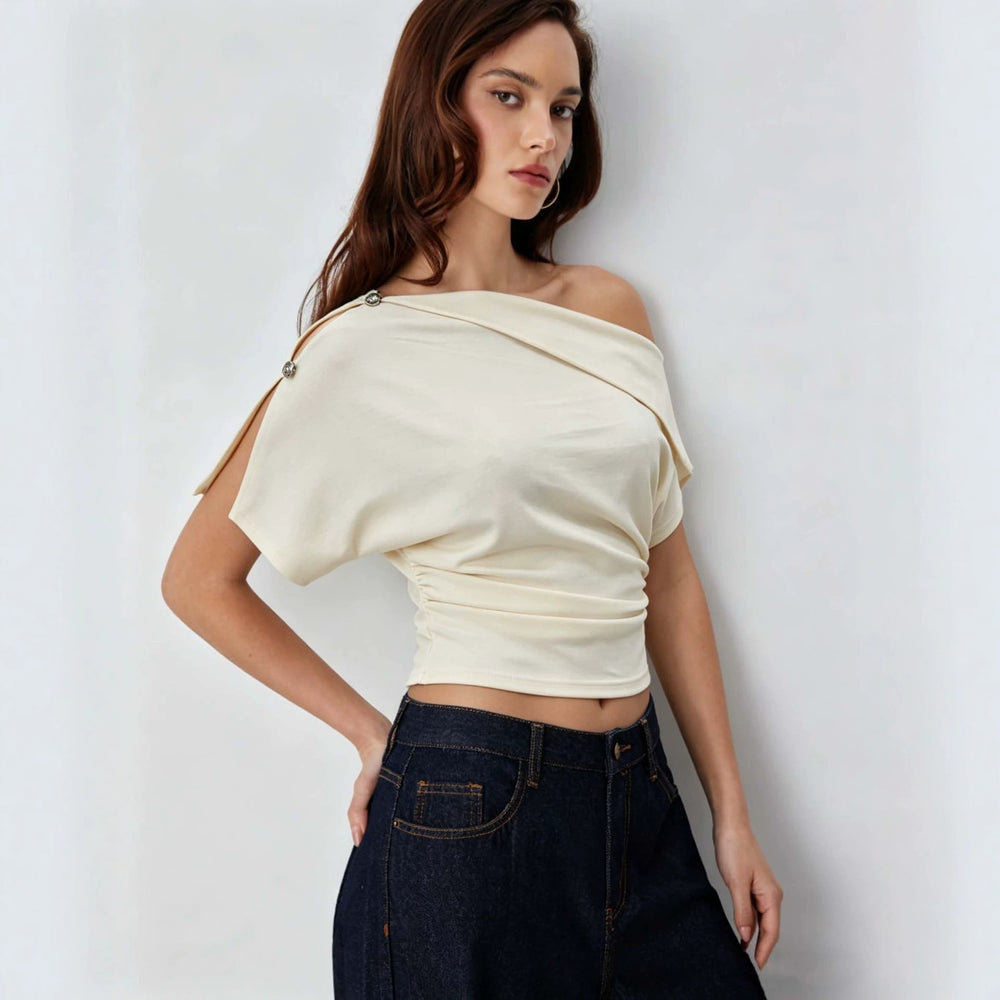 women's off-the-shoulder/one-shoulder top, figure-flattering, slimming, short-sleeved, soft and elegant style, niche design t-shirt