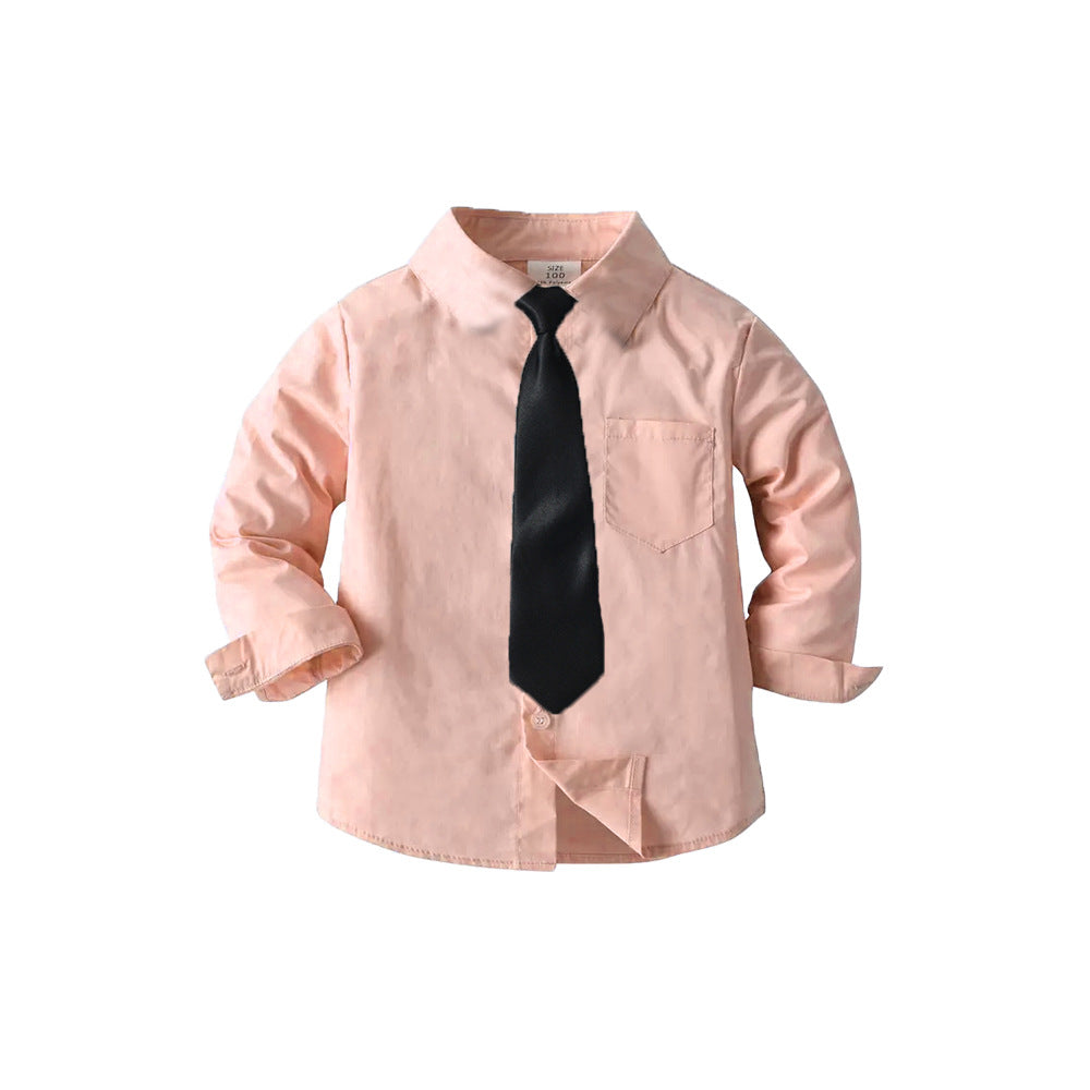 Kids' korean style spring new arrival boys' shirt - preppy style lightweight cotton white long sleeve shirt with tie