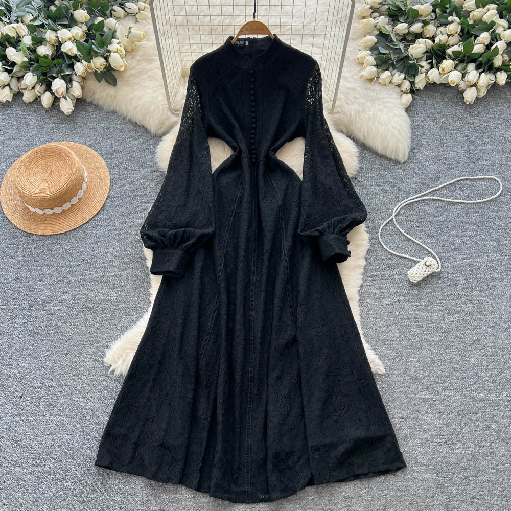 French court style dress - women's autumn 2025 - high-end, single-breasted, waist-cinching, slimming, elegant lace maxi dress