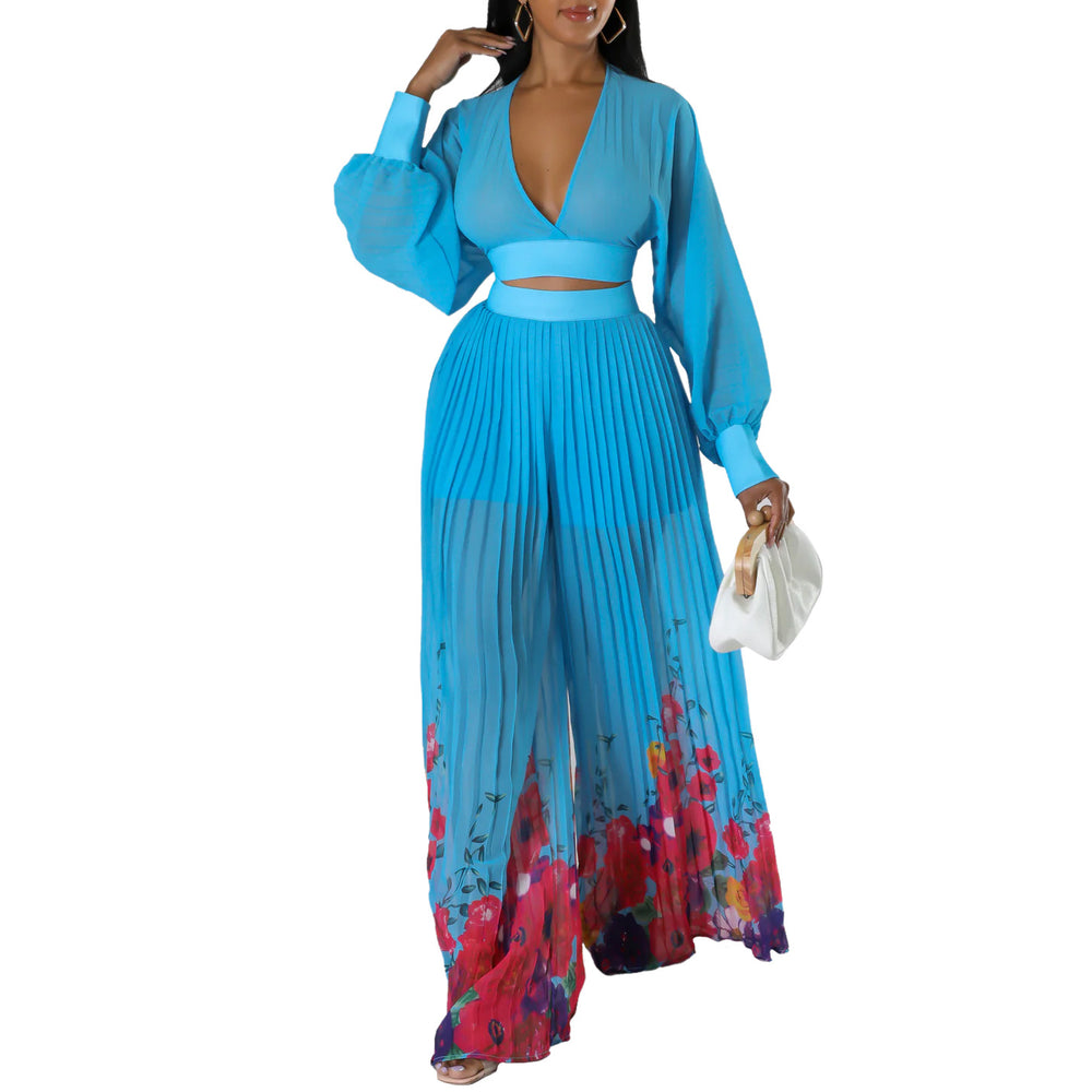 European and american women's clothing  spring new fashion elegant chiffon v-neck pleated top and printed wide-leg pants foreign trade set