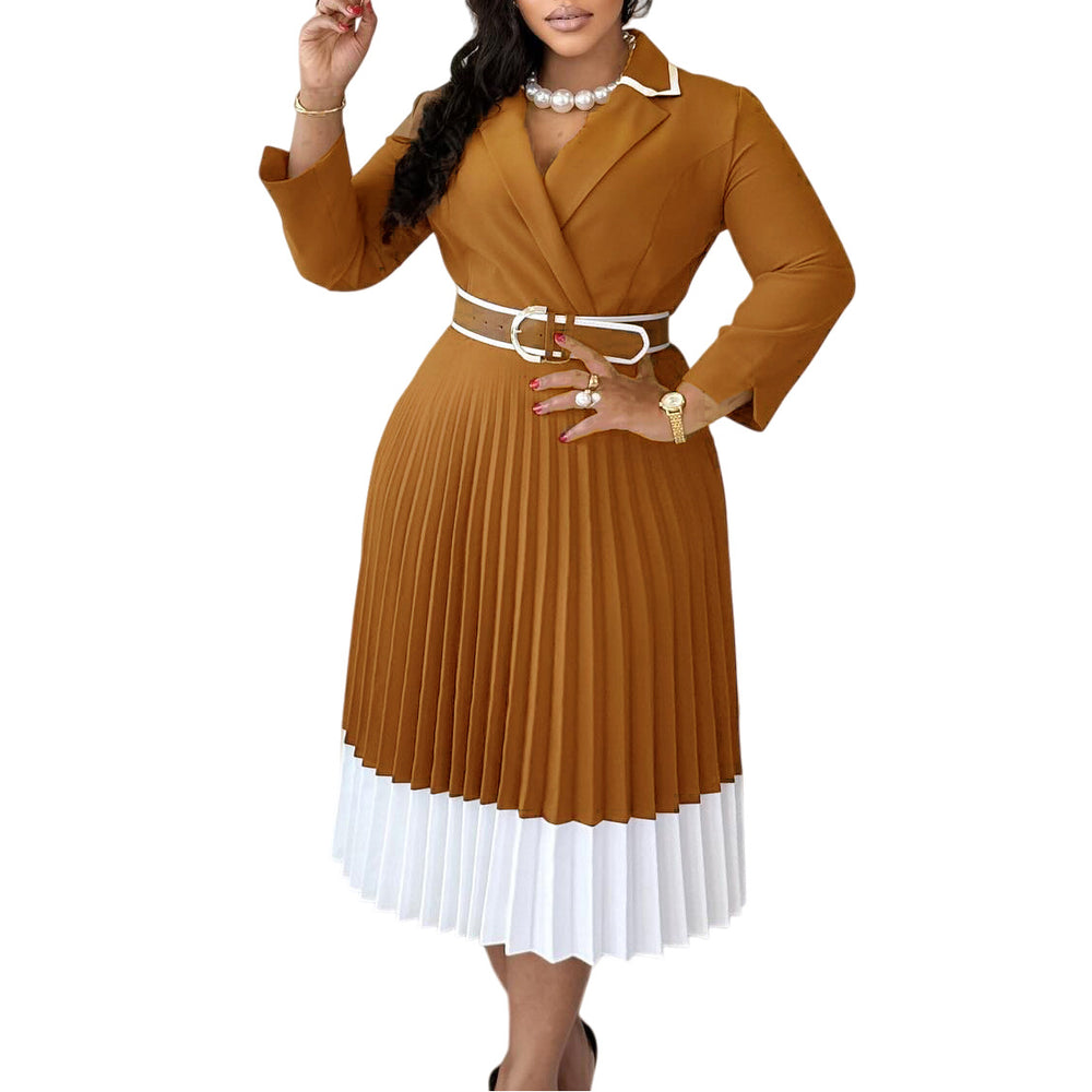 D3352 cross-border supply  autumn and winter european and american women's clothing pure color long sleeves color matching pleated a-line skirt foreign trade dress
