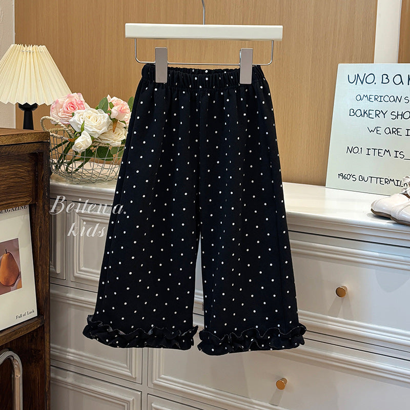 Girls' autumn new arrivals: comfortable, loose-fit casual pants - stylish polka dot straight-leg trousers for little girls, korean fashion long pants, trendy style