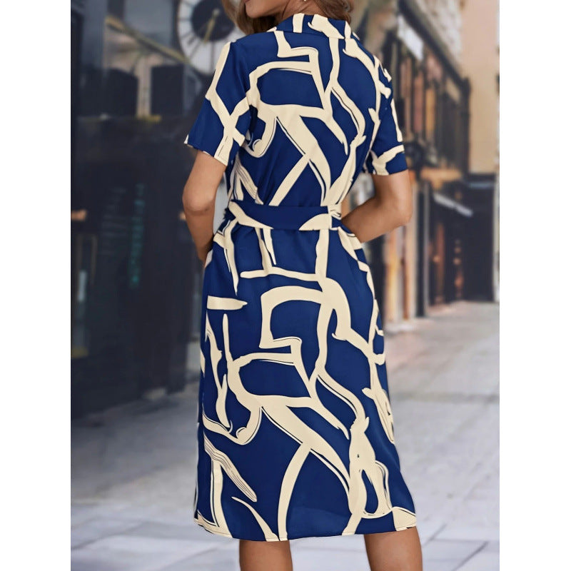 Shipped: cross-border european and american retro slim-fit printed vacation maxi dress with belt, v-neck, and short sleeves for women