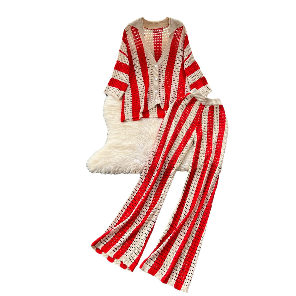 Women's summer v-neck loose knit cardigan top + wide leg pants set - color block striped cutout outfit