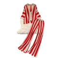 Women's summer v-neck loose knit cardigan top + wide leg pants set - color block striped cutout outfit