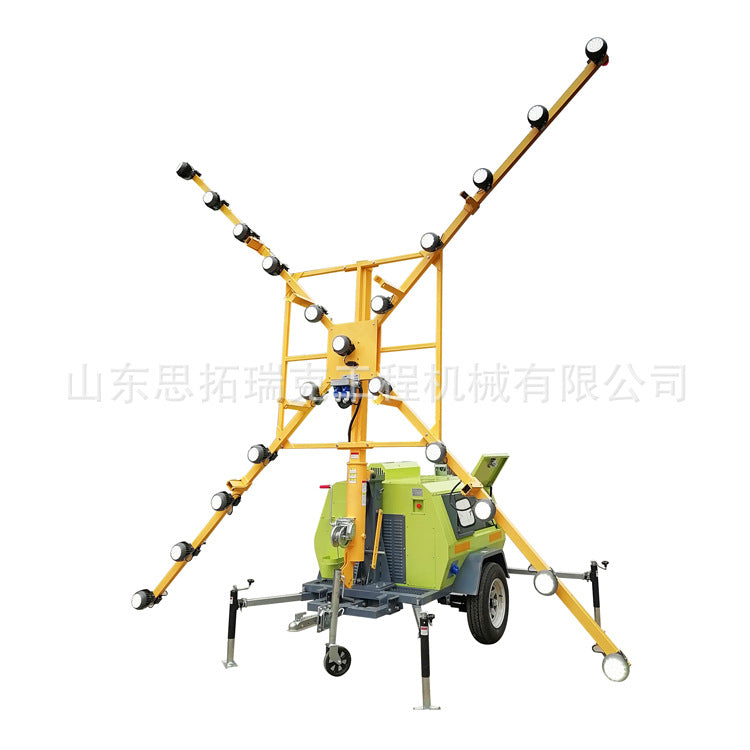 Trailer type mobile lighting truck 9 meters lifting height hand lift winch galvanized light pole 360 degree illumination