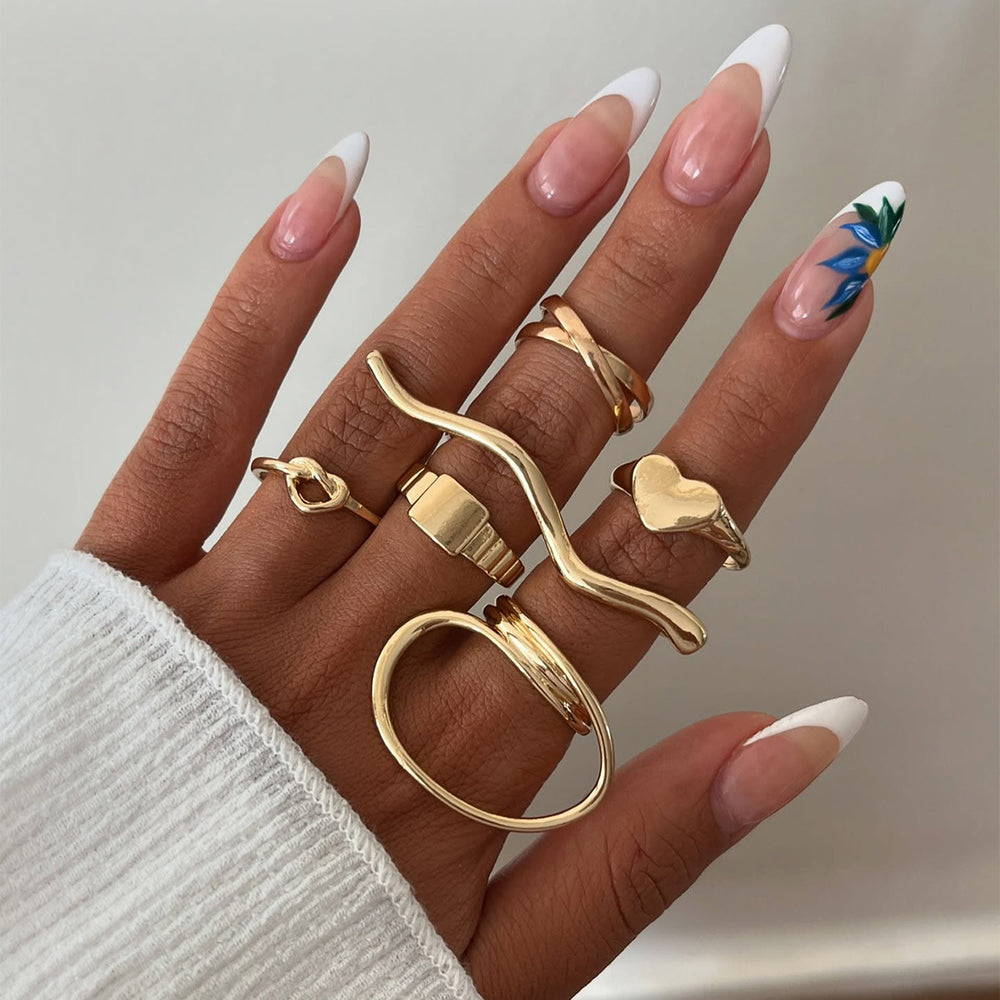 European and american cross-border jewelry: irregular geometric line ring set, minimalist heart double finger 6-piece ring wholesale
