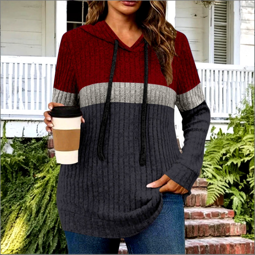 cross-border women's fashion color block warm knit pullover long sleeve hoodie top