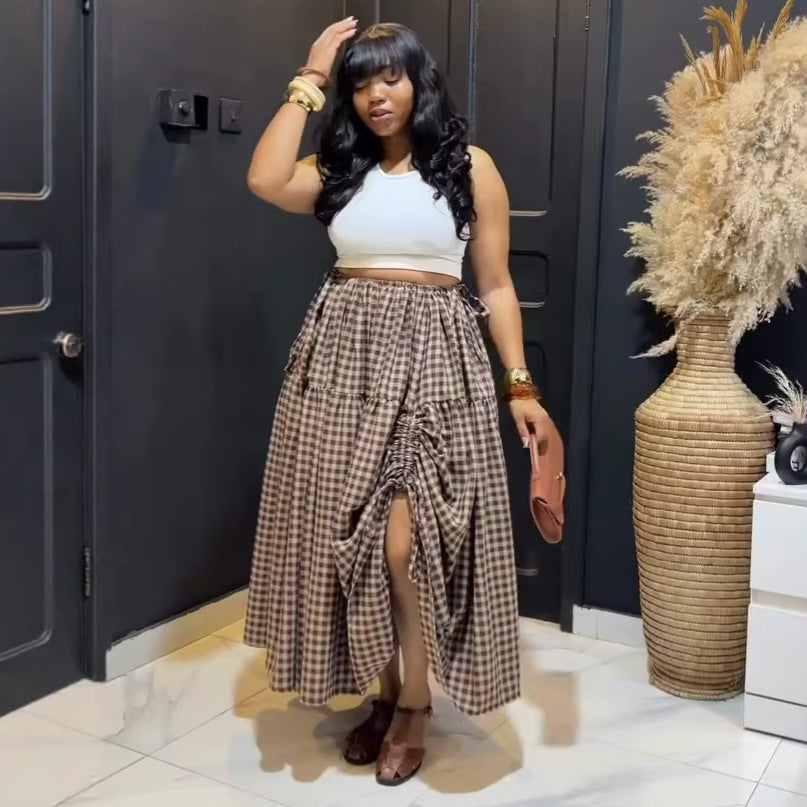 European and american cross-border women's fashion  summer new high-waisted drawstring tie-up plaid asymmetrical a-line skirt