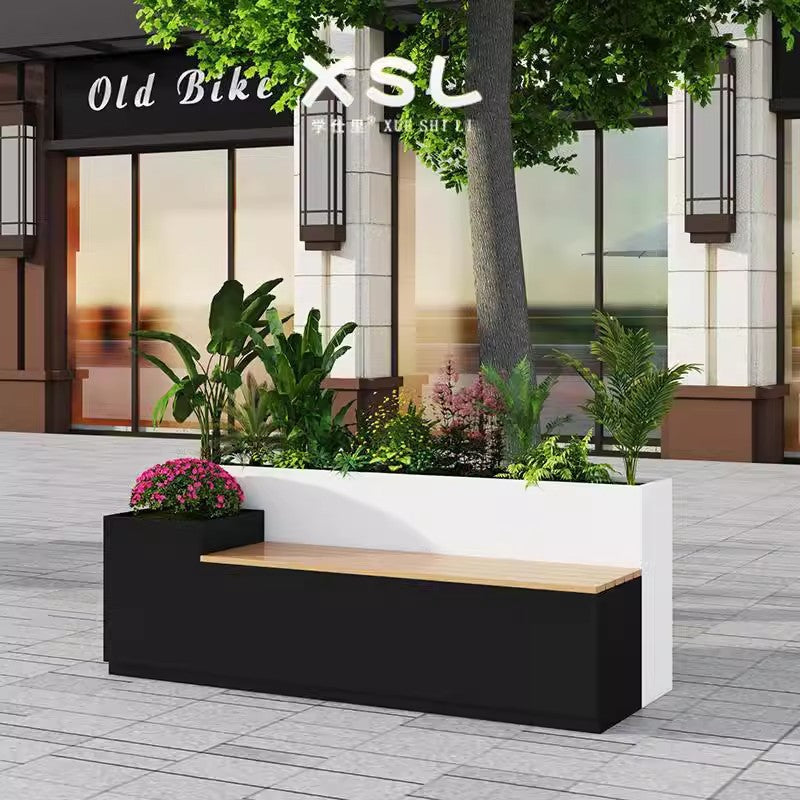 Outdoor stainless steel landscape flower box flower pool seat stool integrated square commercial street wrought iron planting box rest stool