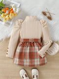 autumn new arrival: mock neck princess sleeve top + plaid skirt two-piece set