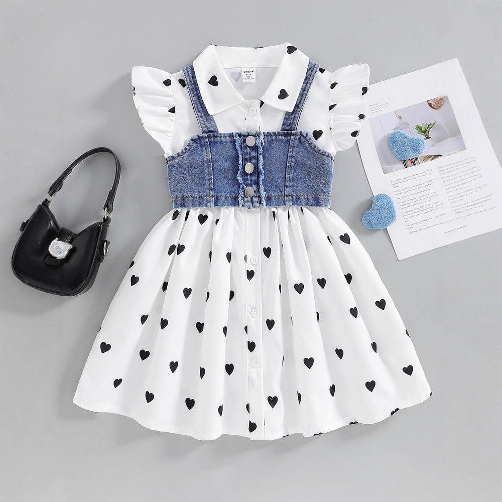 new product girl fashion polka dot small flying sleeve petticoat fringe denim camisole suittwo-piece set