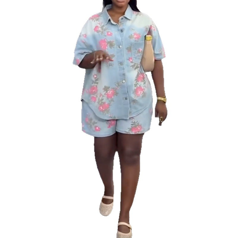 European and american cross-border women's fashion  summer new arrival: stylish turn-down collar printed loose-fit short-sleeve denim shirt and shorts set