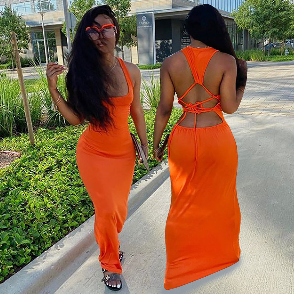 C3643 in stock cross-border fashion solid color sexy dress floor-length dress tie-up maxi dress