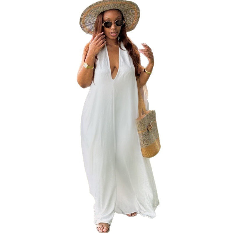 European and american cross-border african women's clothing  summer new arrival: elegant v-neck backless white long slip dress
