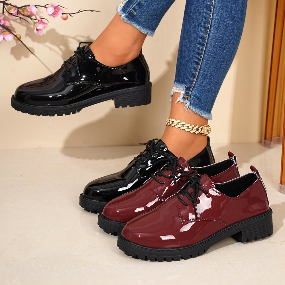 plus sizethick sole small leather shoes for women  spring & fall new arrivalpreppy british style patent leather tie backflats