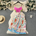 European and american retro court style printed set: women's short french bandeau camisole top + high-waisted pleated midi skirt